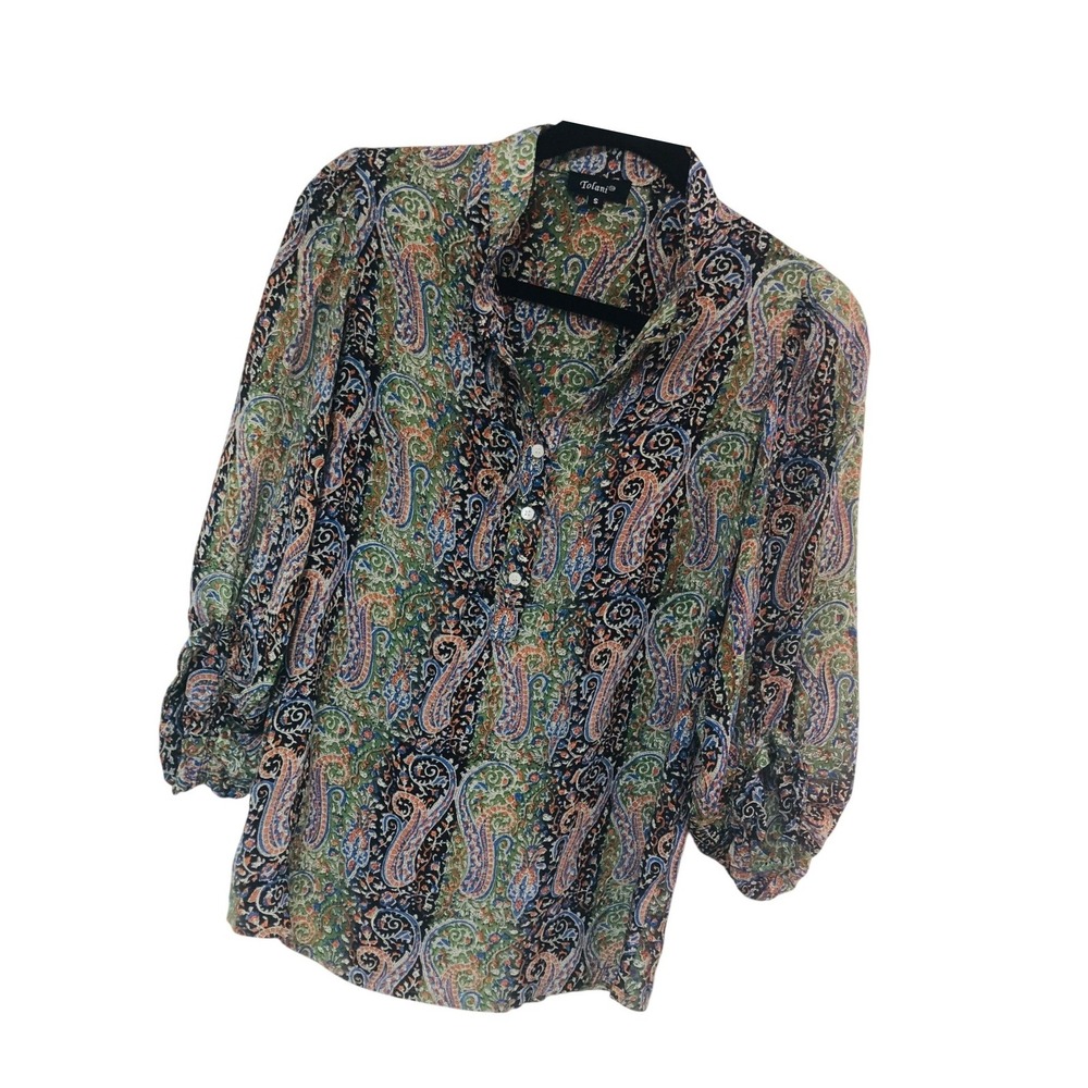 Tolani Silk Paisley Henley Blouse Green Boho Artsy Peasant Office Gypsy Womens S